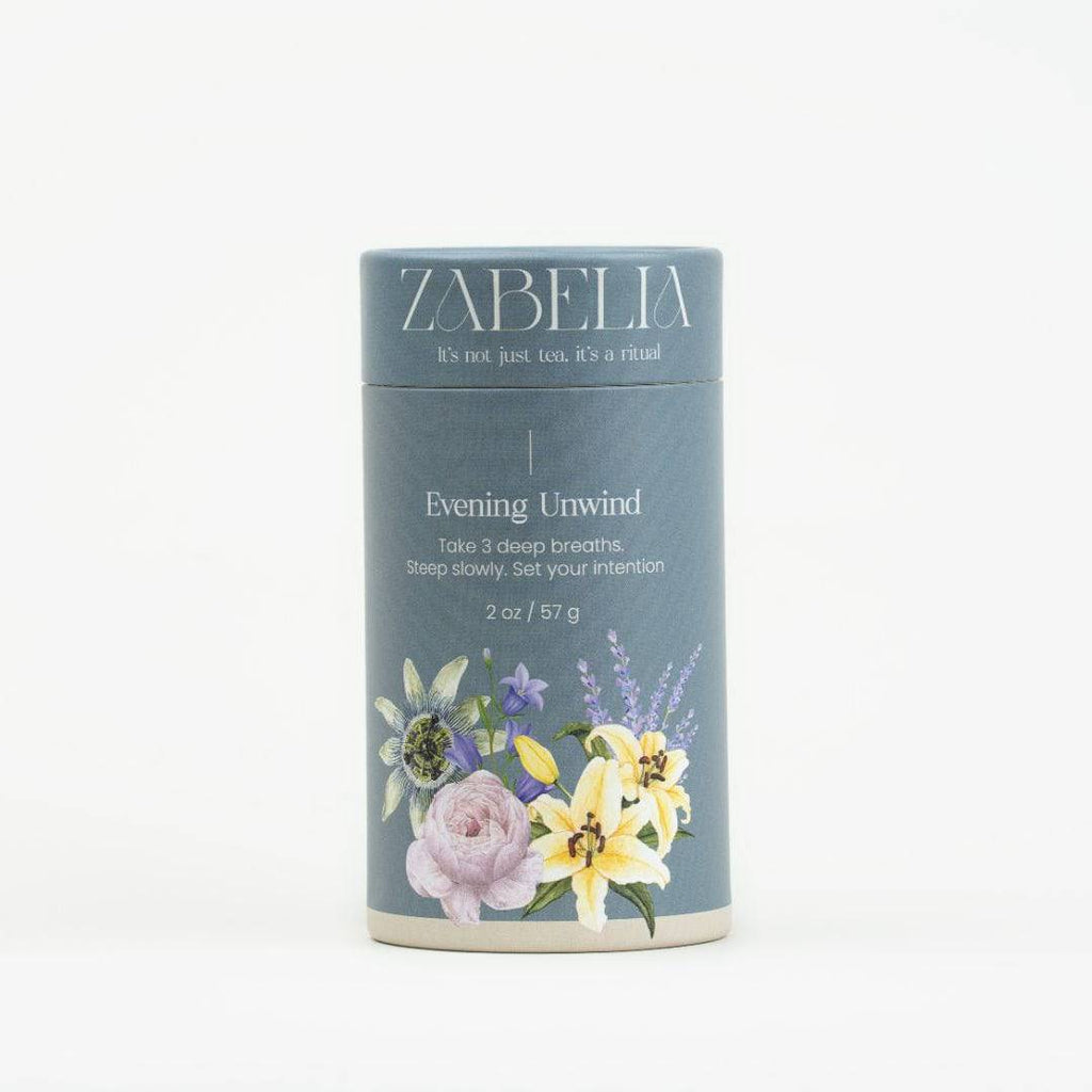 Can of Zabelia Evening Unwind Calming Rooibos Herbal Tea with a label featuring calming herbal imagery.