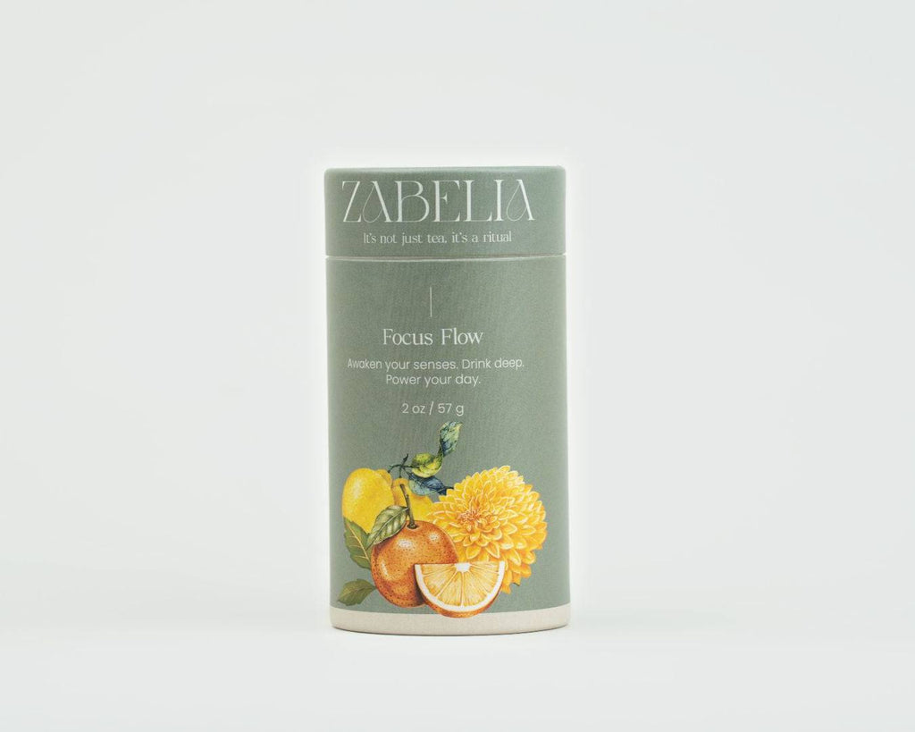 Can of Zabelia Wellness Focus Flow energizing yerba mate tea blend in a sleek herbal tea container.