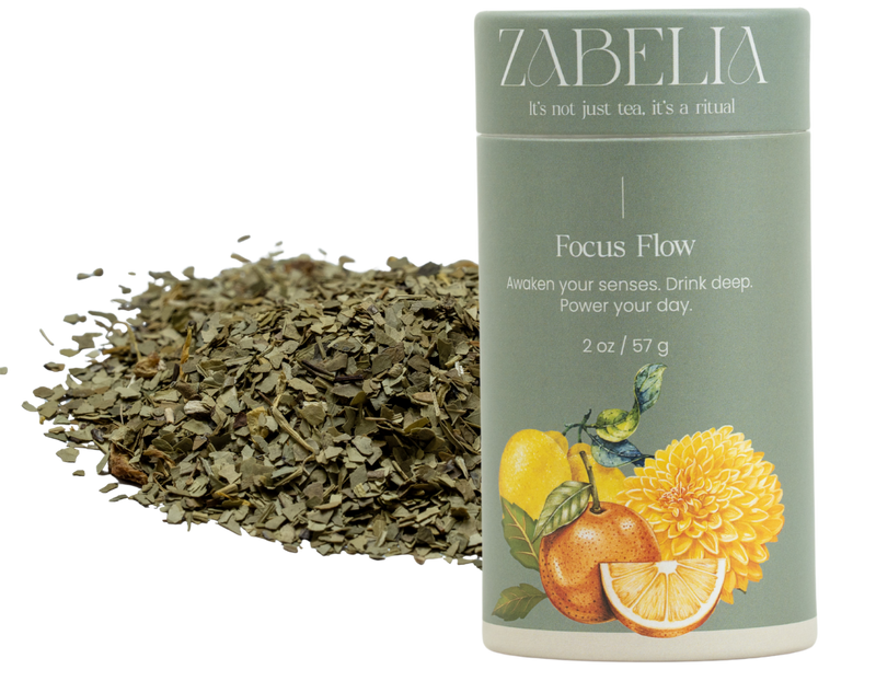 Focus Flow herbal tea can on plain background for clear product view