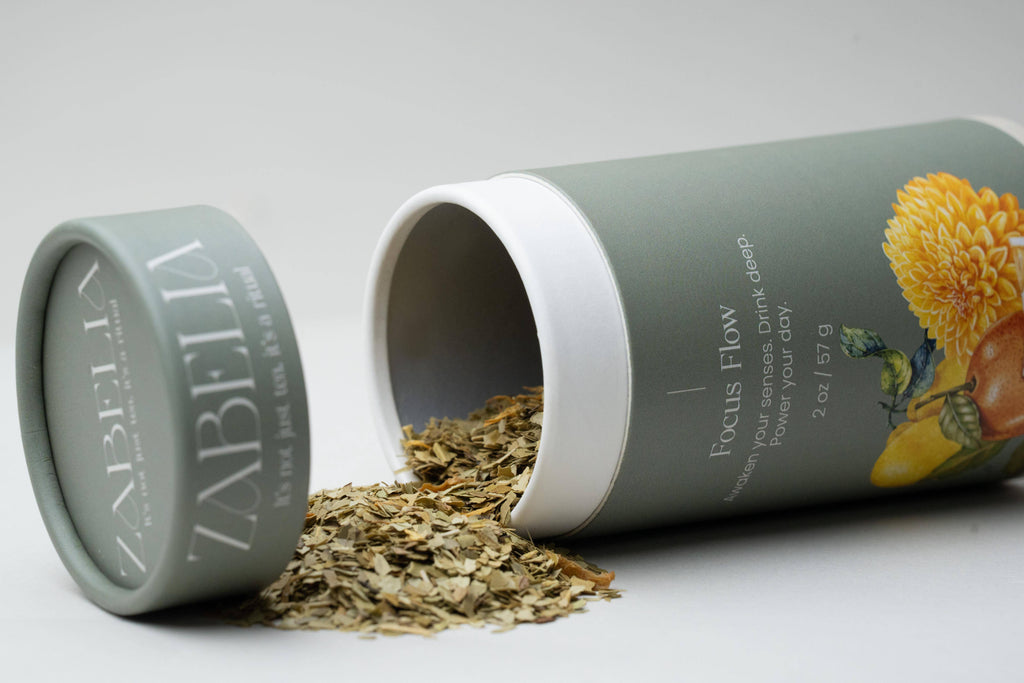 Focus Flow herbal tea blend by Zabelia Wellness featuring yerba mate leaves and natural ingredients for energizing refreshment.